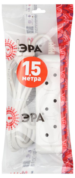 Удлинитель электрический ЭРА  U-3-1,5m-2x1 без заземления 3 розетки 1,5м ПВС 2x1мм2 10А