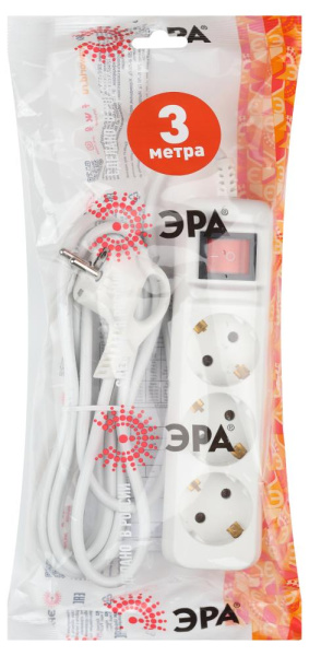 Удлинитель электрический ЭРА  UX-3es-3m с заземлением с выключателем 3 розетки 3 м ПВС 3x0,75мм2 10А