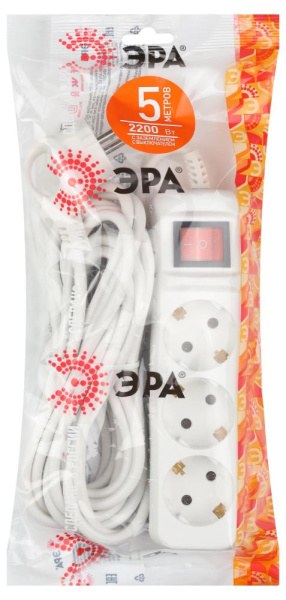 Удлинитель электрический ЭРА  UX-3es-5m с заземлением с выключателем 3 розетки 5м ПВС 3x0,75мм2 10А