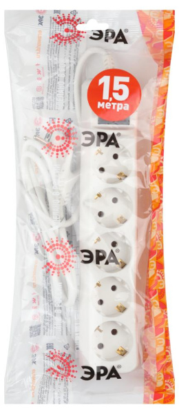 Удлинитель электрический ЭРА  UX-5es-1,5m с заземлением с выключателем 5 розеток 1,5м ПВС 3x0,75мм2 10А