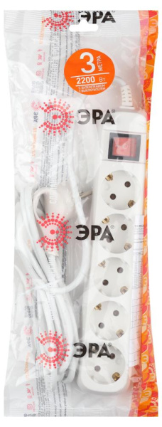 Удлинитель электрический ЭРА  UX-5es-3m с заземлением с выключателем 5 розеток 3 м ПВС 3x0,75мм2 10А