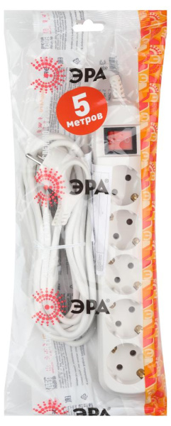 Удлинитель электрический ЭРА  UX-5es-5m с заземлением с выключателем 5 розеток 5 м ПВС 3x0,75мм2 10А