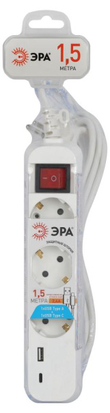 Удлинитель электрический ЭРА UB-3es-1,5m-USB c заземлением с выключателем 3 розетки + 1xUSBA+1xUSBC 1,5м 10А