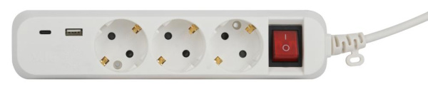 Удлинитель электрический ЭРА UB-3es-3m-USB c заземлением с выключателем 3 розетки + 1xUSBA+1xUSBC 3м 10А