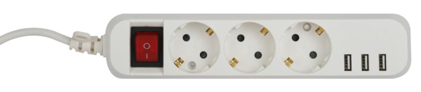 Удлинитель электрический ЭРА U-3es-5m-USB c заземлением с выключателем 3 розетки + 3xUSBA 5м 10А