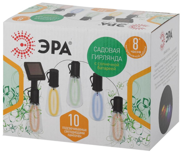 Садовая гирлянда ЭРА ERAGS012-04 на солнечной батарее мультиколор 10 LED 3,8 м