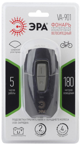Велосипедный фонарь светодиодный ЭРА VA-901 аккумуляторный передний usb черный