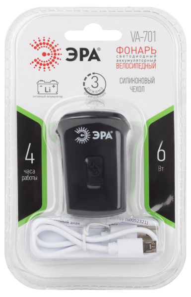 Велосипедный фонарь светодиодный ЭРА  VA-701 6 Вт, SMD, аккумуляторный, передний, micro USB, черный