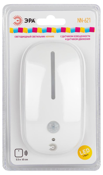 Ночник - светильник светодиодный ЭРА NN-621-LS-MS-W в розетку с датчиком освещенности и датчиком движения белый