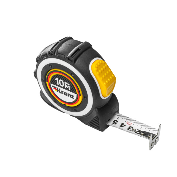 Рулетка Selbstfixierung, 10м x 25мм, магнитный двухсторонний зацеп, нейлон, двухсторонняя шкала, автоматическая фиксация KRANZ