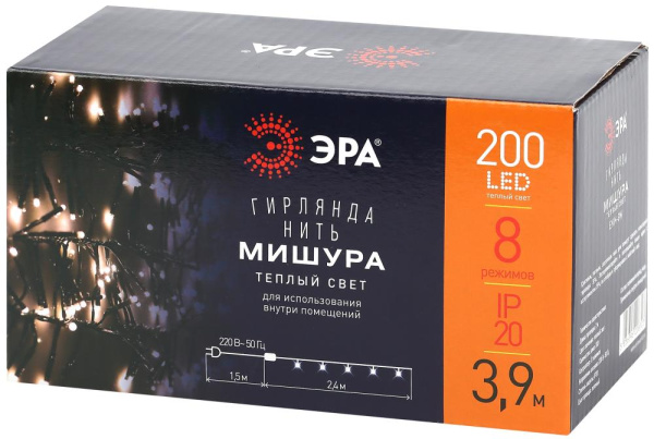 ENIN - GW ЭРА Гирлянда LED Нить Мишура 3,9 м зеленый провод, теплый свет,  220V (24/576)