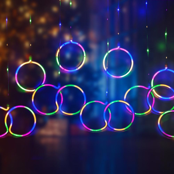 Светодиодная новогодняя гирлянда ЭРА  ЕGNIG - RI занавес Неоновые кольца 8 режимов 2,4*0,65 м мультиколор IP20
