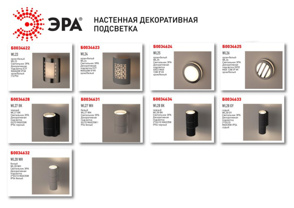 WL23 Подсветка ЭРА Декоративная подсветка E27 MAX40W IP44 хром/белый (12/96)