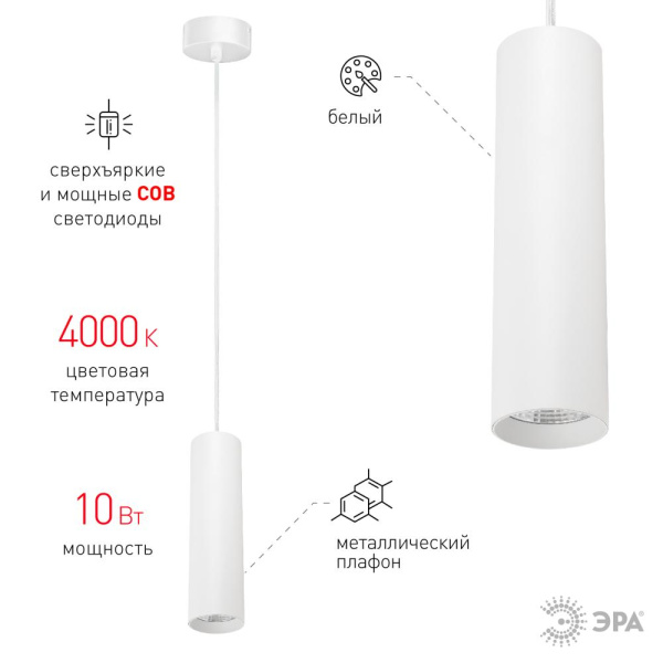 PL1 COB -10 WH 300 Подвес ЭРА Светильники подвесной светодиодный COB, 10W, D80*300мм, белый (20/240)