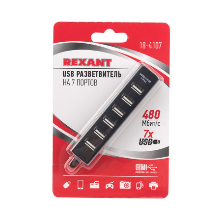 Разветвитель USB на 7 портов черный REXANT
