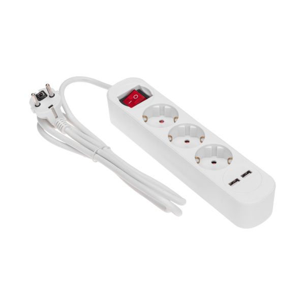 Удлинитель STANDARD 3 гнезда, 1,5м, 3х1,0мм², с/з, с выключателем, 2 USB, белый REXANT