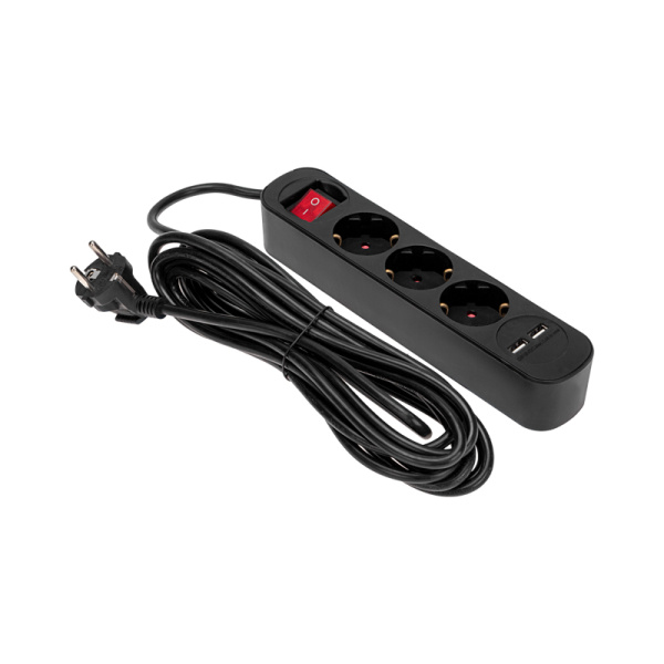Удлинитель STANDARD 3 гнезда, 5м, 3х1,0мм², с/з, с выключателем, 2 USB, черный REXANT