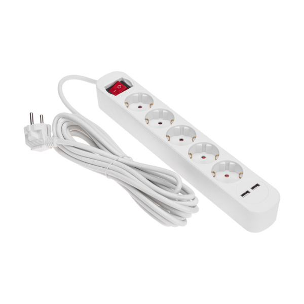 Удлинитель STANDARD 5 гнезд, 5м, 3х1,0мм², с/з, с выключателем, 2 USB, белый REXANT