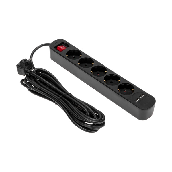 Удлинитель STANDARD 5 гнезд, 5м, 3х1,0мм², с/з, с выключателем, 2 USB, черный REXANT