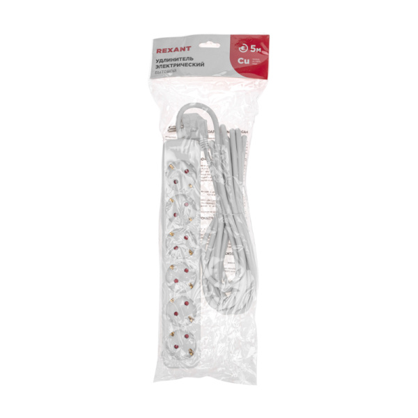 Удлинитель STANDARD 6 гнезд, 5м, 3х1,0мм², с/з, белый REXANT