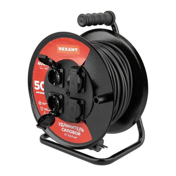 Удлинитель силовой КГ на катушке 4 гнезда, с/з, 50м, 3х2,5мм², IP44 с выключателем, c защитными крышками, металлическая катушка REXANT
