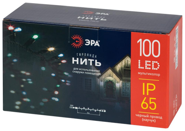 ERAPS-PM10  Светодиодная новогодняя гирлянда ЭРА ERAPS-PM10 нить уличная 10 м мультиколор 100 LED