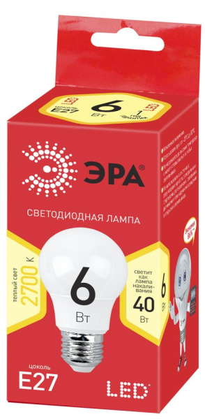 Лампочка светодиодная ЭРА RED LINE ECO LED A55-6W-827-E27 E27 / Е27 6Вт груша теплый белый свет