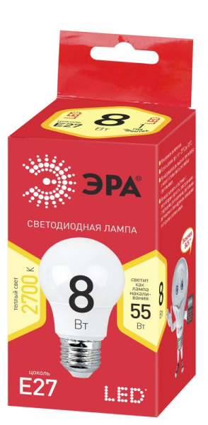 Лампочка светодиодная ЭРА RED LINE ECO LED A55-8W-827-E27 E27 / Е27 8Вт груша теплый белый свет