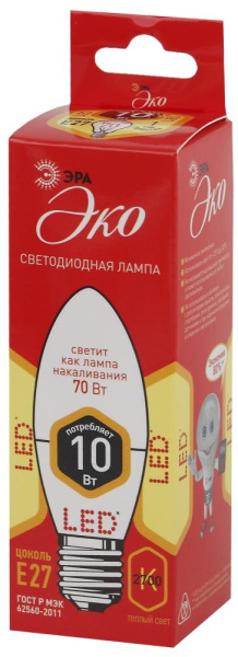 Лампочка светодиодная ЭРА RED LINE ECO LED B35-10W-827-E27 E27 / Е27 10Вт свеча теплый белый свет