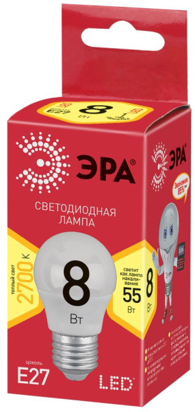 Лампочка светодиодная ЭРА RED LINE ECO LED P45-8W-827-E2 E27 / Е27 8Вт шар теплый белый свет