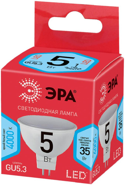 Лампочка светодиодная ЭРА RED LINE ECO LED MR16-5W-840-GU5.3 GU5.3 5Вт софит нейтральный белый свет