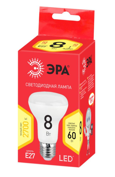 LED R63-8W-827-E27 R  Лампа светодиодная ЭРА RED LINE LED R63-8W-827-E27 R 8Вт рефлектор теплый белый свет E27