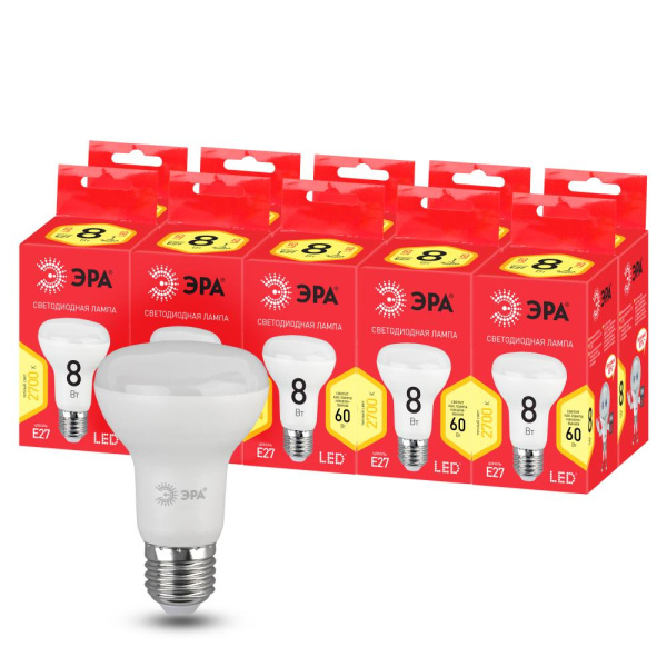 LED R63-8W-827-E27 R  Лампа светодиодная ЭРА RED LINE LED R63-8W-827-E27 R 8Вт рефлектор теплый белый свет E27