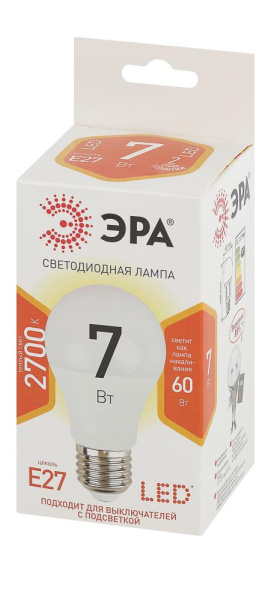 Лампочка светодиодная ЭРА STD LED A60-7W-827-E27 E27 / Е27 7Вт груша теплый белый свет