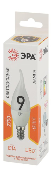 Лампочка светодиодная ЭРА STD LED BXS-9W-827-E14 E14 / Е14 9Вт свеча на ветру теплый белый свет