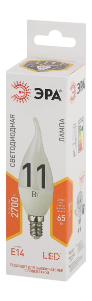 Лампочка светодиодная ЭРА STD LED BXS-11W-827-E14 E14 / Е14 11Вт свеча на ветру теплый белый свет