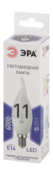 Лампочка светодиодная ЭРА STD LED BXS-11W-860-E14 E14 / Е14 11Вт свеча на ветру холодный дневной свет
