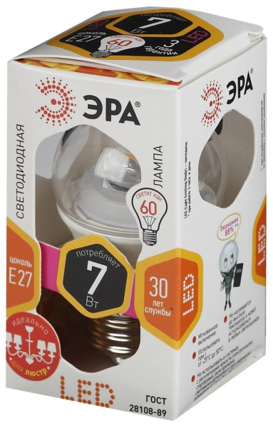 Лампочка светодиодная ЭРА STD LED P45-7W-827-E27-Clear E27 / Е27 7Вт шар теплый белый свет