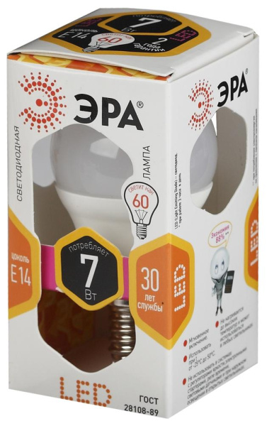 Лампочка светодиодная ЭРА STD LED P45-7W-827-E14 E14 / Е14 7Вт шар теплый белый свет