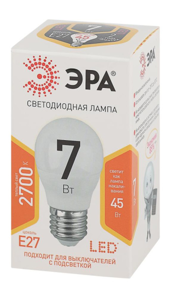 Лампочка светодиодная ЭРА STD LED P45-7W-827-E27 E27 / Е27 7Вт шар теплый белый свет
