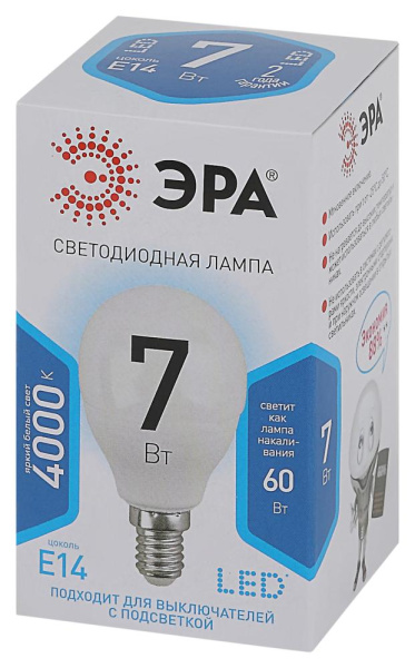 Лампочка светодиодная ЭРА STD LED P45-7W-840-E14 E14 / Е14 7Вт шар нейтральный белый свет
