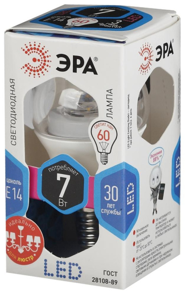 Лампочка светодиодная ЭРА STD LED P45-7W-840-E14-Clear E14 / E14 7Вт шар нейтральный белый свет