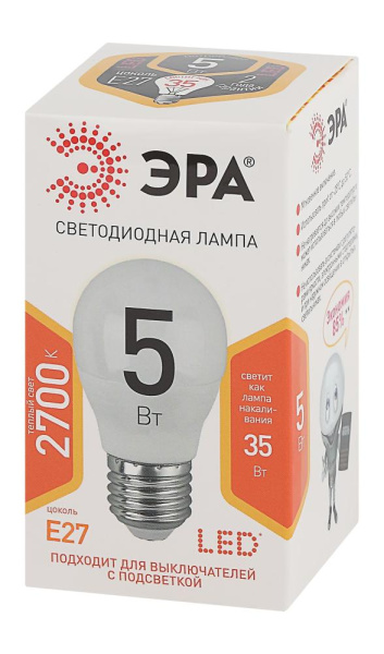 Лампочка светодиодная ЭРА STD LED P45-5W-827-E27 E27 / Е27 5Вт шар теплый белый свeт