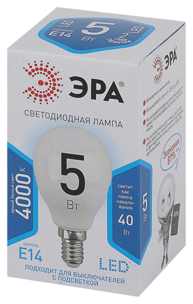 Лампочка светодиодная ЭРА STD LED P45-5W-840-E14 E14 / Е14 5Вт шар нейтральный белый свет