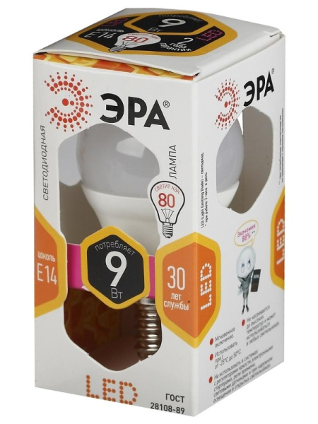 Лампочка светодиодная ЭРА STD LED P45-9W-827-E14 E14 / Е14 9Вт шар теплый белый свет
