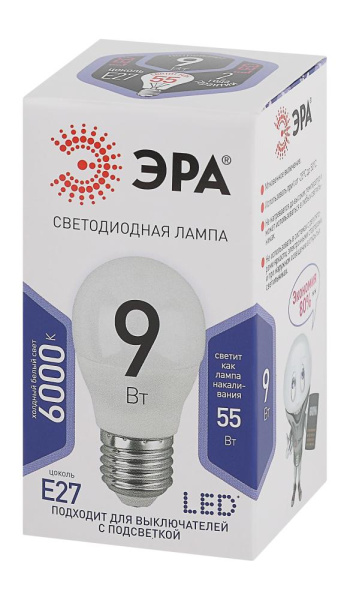 Лампочка светодиодная ЭРА STD LED P45-9W-860-E27 E27 / Е27 9Вт шар холодный дневной свет