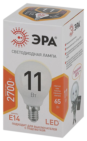 Лампочка светодиодная ЭРА STD LED P45-11W-827-E14 E14 / Е14 11Вт шар теплый белый свет