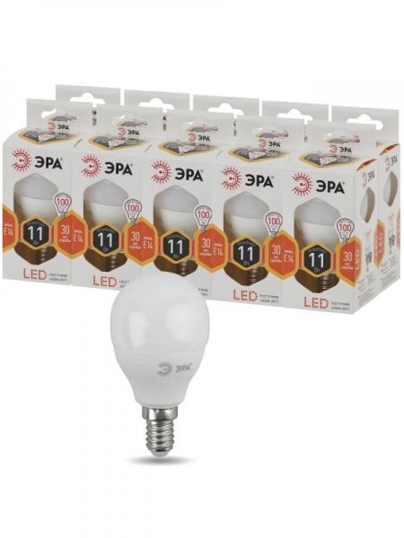 Лампочка светодиодная ЭРА STD LED P45-11W-827-E14 E14 / Е14 11Вт шар теплый белый свет