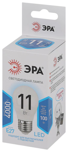 Лампочка светодиодная ЭРА STD LED P45-11W-840-E27 E27 / Е27 11Вт шар нейтральный белый свет
