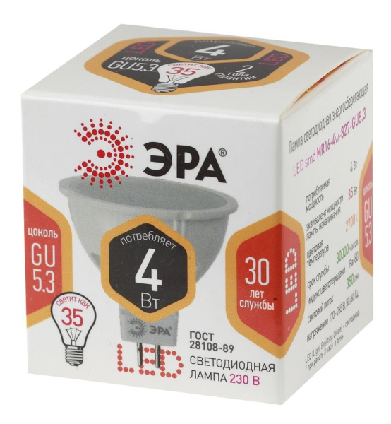 Лампочка светодиодная ЭРА STD LED MR16-4W-827-GU5.3 GU5.3 4Вт софит теплый белый свeт